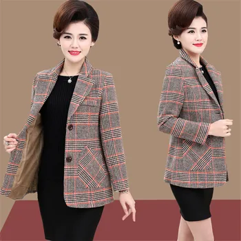 

2020 new Middle-aged Mother Vintage Spring Autumn Woolen Coat Female Plus Size Short Plaid Suit Jackets Winter Women Clothes 996