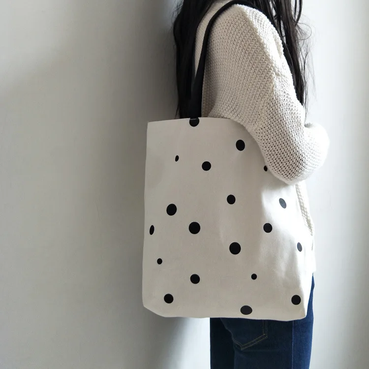 

Women Canvas Shopping Bags Polka Dot Cloth Cotton Shoulder Bags Foldable Girls School Bags Female Handbag Tote