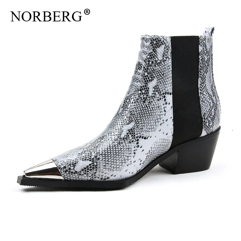 

Norberg fashion pointed snakeskin high heel winter boots 7cm thick with elastic boots women casual shoes woman dress shoes