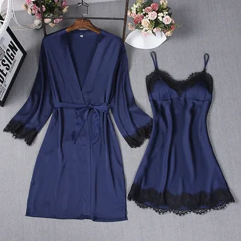 

Navy Blue Sexy Sleep Robe Kimono Sleepwear Sets Womens 2pcs Strap Top Suit Casual Spring Home Wear Pajamas Nightwear Bath Gown