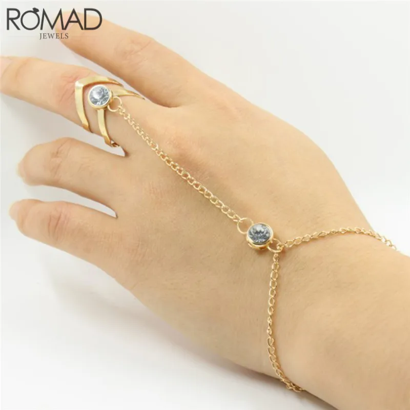 Женский браслет на запястье ROMAD Mode блестящие стразы цепочка палец круглые звенья