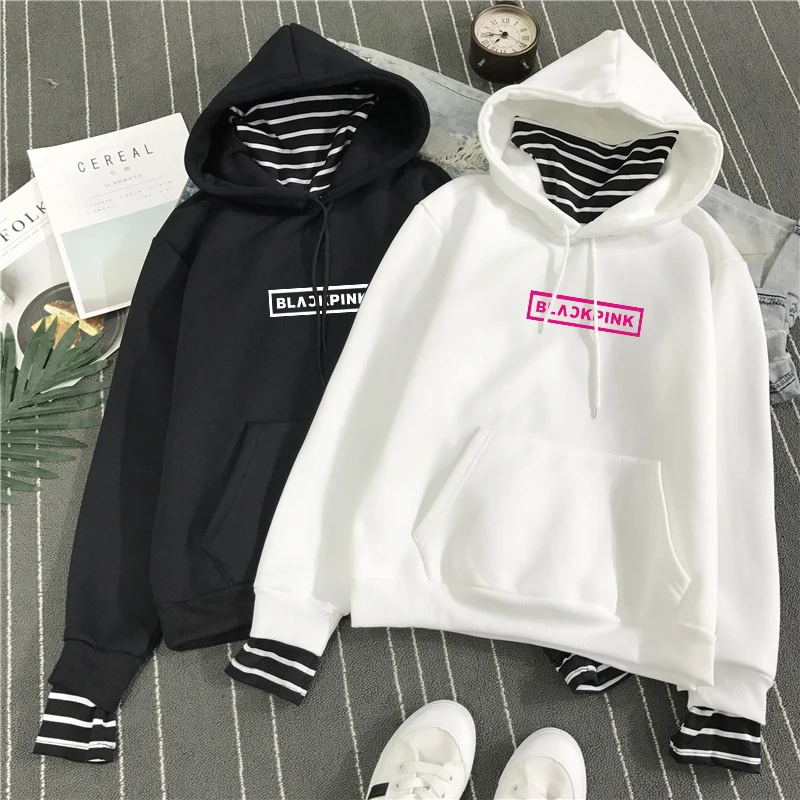 

2018 Turtle Blackpink Kpop Clothes Women Striped Hoodies Pullover Tops Hip Hop Black Pink Hooded Sweatshirts Camisas Feminina