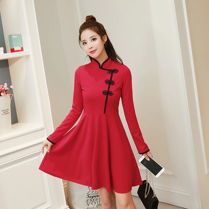

2018 Autumn China Wind Vintage Dress Daily Improved Cheongsam Dress Long Sleeve Spring Qipao Dresses Red