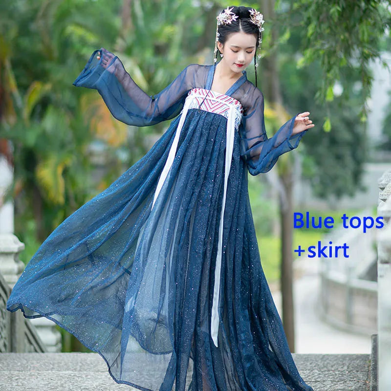 Hanfu костюм женская элегантная вышитая одежда Китайский древний традиционный костюм ханьфу народный танец представление одежда DQL1085 - Цвет: Blue 2PCS