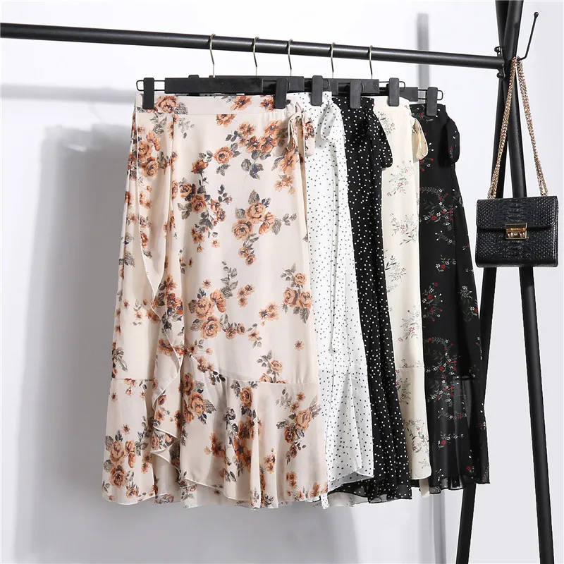 

Long Chiffon Skirt Midi Elegant Lady 2019 Women Summer Floral Print Trumpet Ruffle Irregular Boho White Blue Black Vintage A69