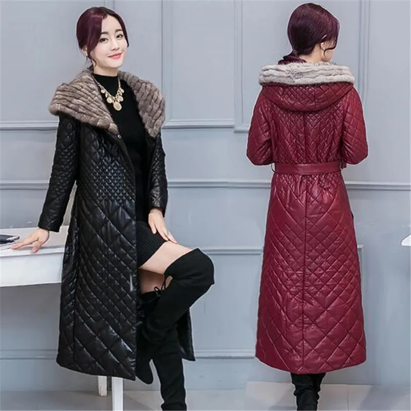 winter artificial sheepskin leather coat women slim jacket Long artificial mink fur collar Coats down jackets plus Sizes Q925