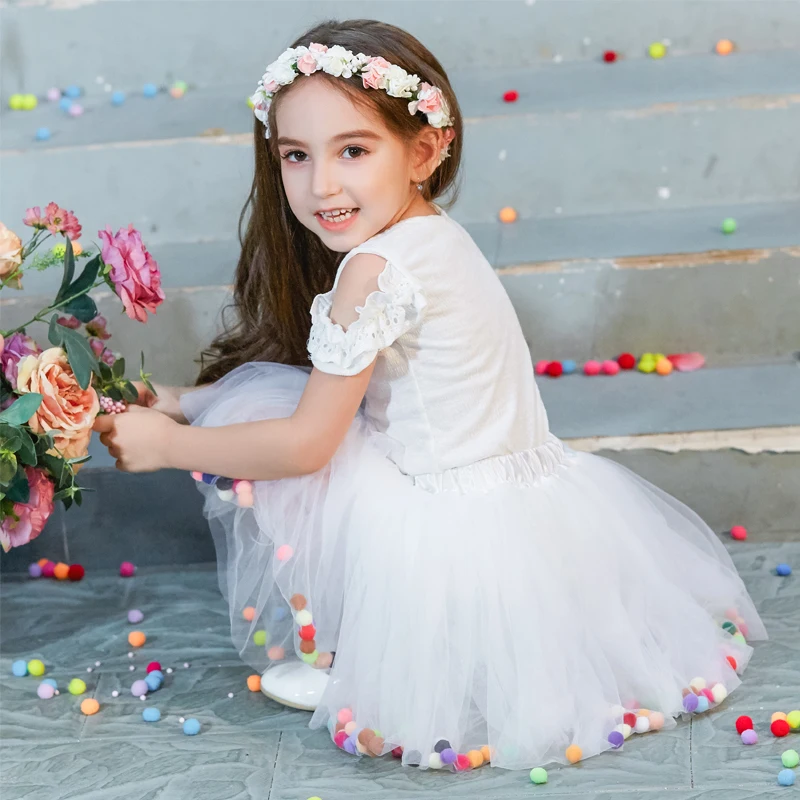 B&N Soft Chiffon Elastic Waist Girl Princess Pettiskirts Children Dance Solid Tutu Skirts Coloful Pompom Tulle Skirts For 2-8T3