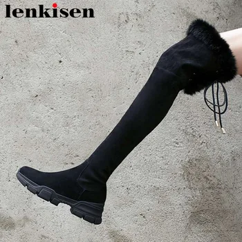

2019 pretty girls genuine leather round toe med bottom zipper fur decoration streetwear fashion show thigh high snow boots L7a