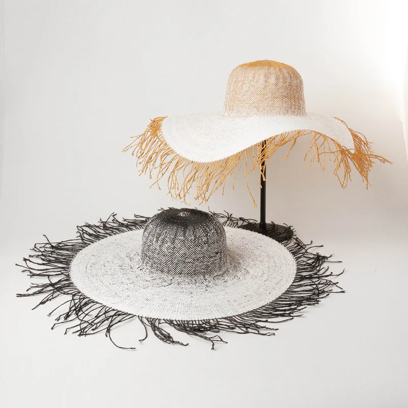 

01905-HH7374 white new summer handmade paper Gradation color Tassels wind brim beach sun cap women leisure holiday hat