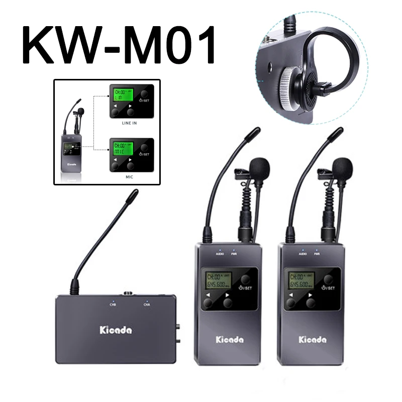 

KW-M01 UHF 50 Channels Wireless Microphone Lavalier Lapel MIC LINE IN Mode System Kit for Phone Optional A or B Dual Audio Group