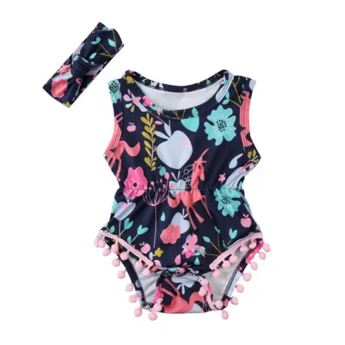 Милые Одежда для новорожденных мальчиков и девочек без рукавов Единорог цветок TASSEL Romper Детские комбинезоны одежда