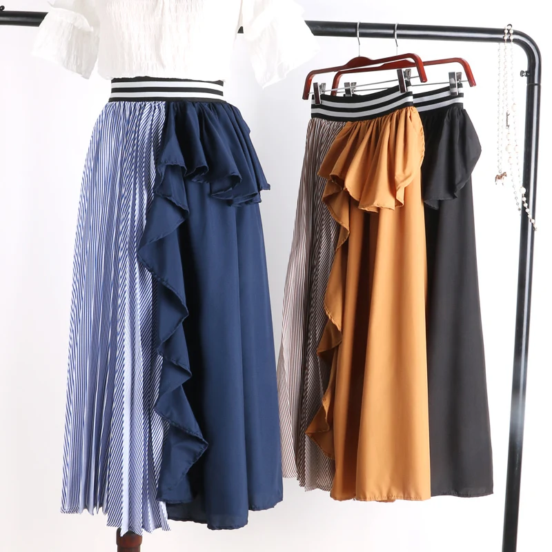 

[MENKAY] 2018 New Pattern All-match High Waist Stripe Ruffles Split Joint Irregular Skirt Woman
