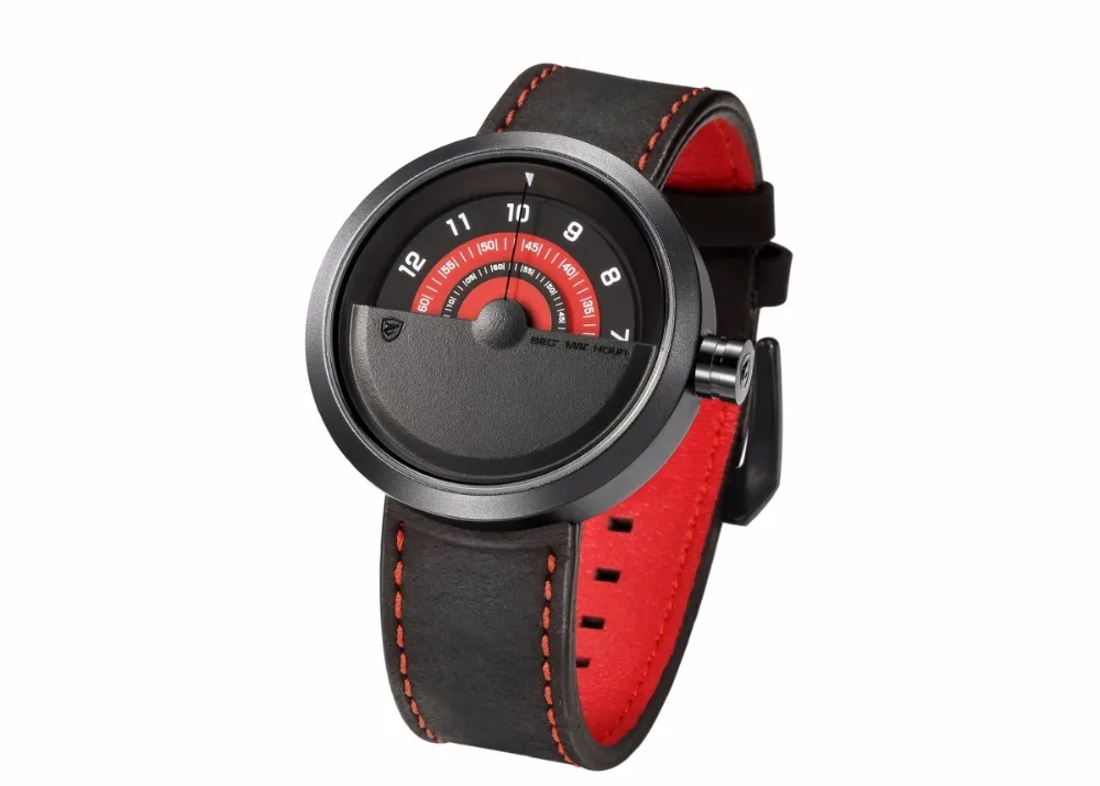 Bonnethead Shark Sport Watch New Turntable Dial Red Analog Quartz Soft Crazy Horse Leather Unique Design Mens Wristwatch /SH421