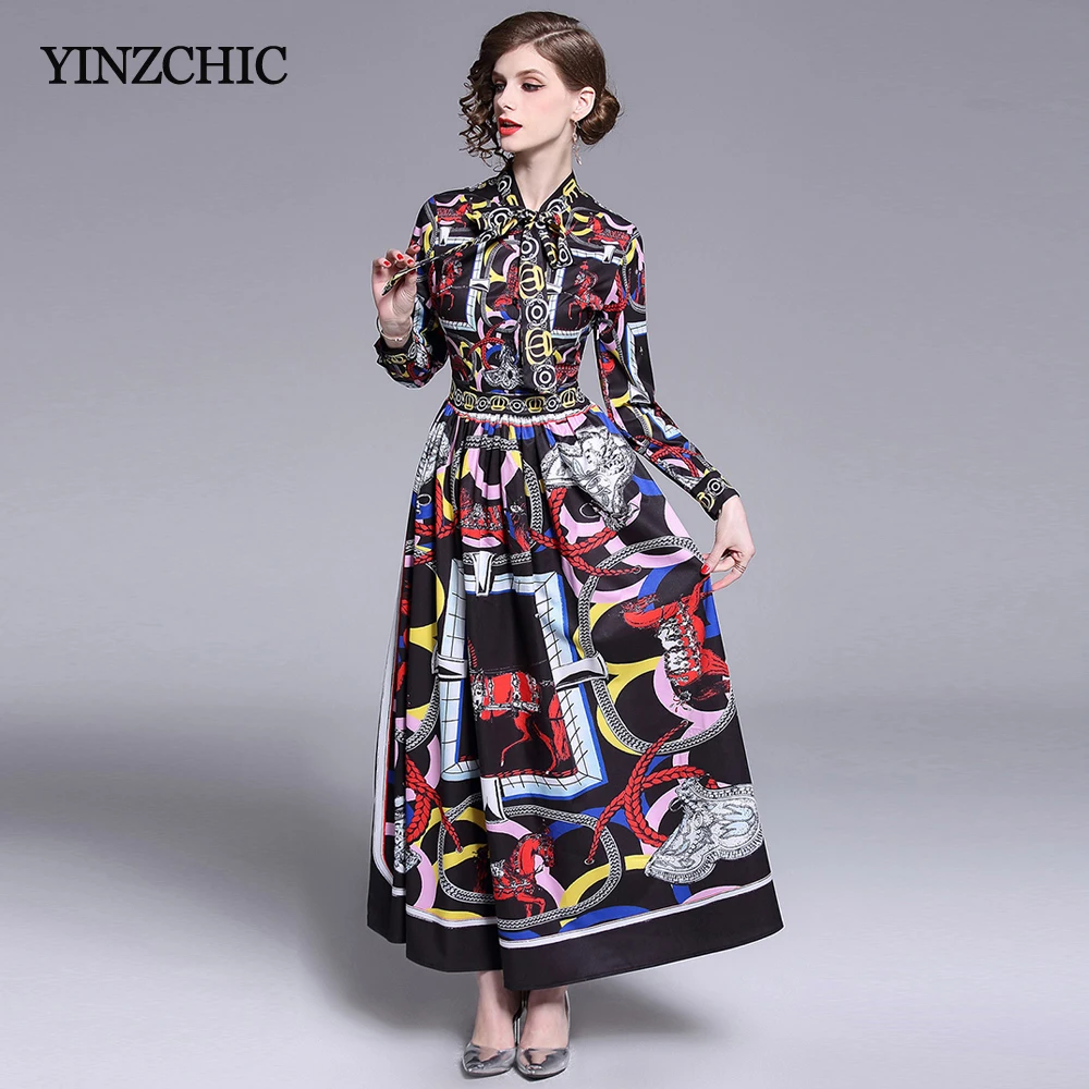 

Runway Style Womans Maxi Party Dress Bow-neck Female Long A-line Dresses Vintage Printed Woman Dresses OL Elegant Dress Spring