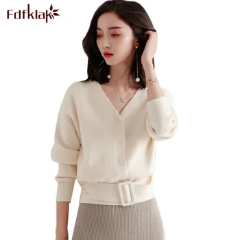 

Fdfklak Fashion new women winter sweater sexy v-neck knit sweater short cardigan sweaters women's woolen knitted top with belt