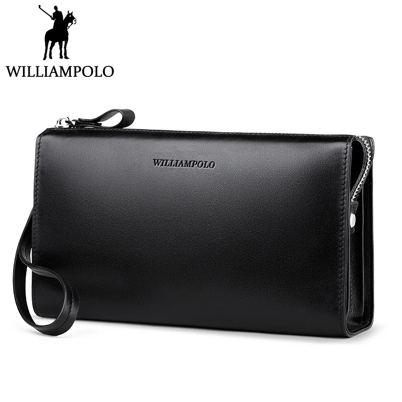 

WilliamPOLO 2018 Fashion 100% Cow Leather Business Solid Zipper Long Mens Clutch Wallet With Cell Phone Pocket POLO197