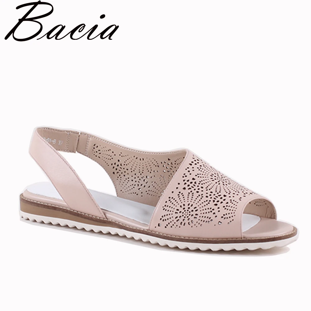 

Bacia New Casual Soft Leather Hollow shoes Peep-toe Flats Pink Spring Summer Leisure Sheep Skin shoes Size 33-41