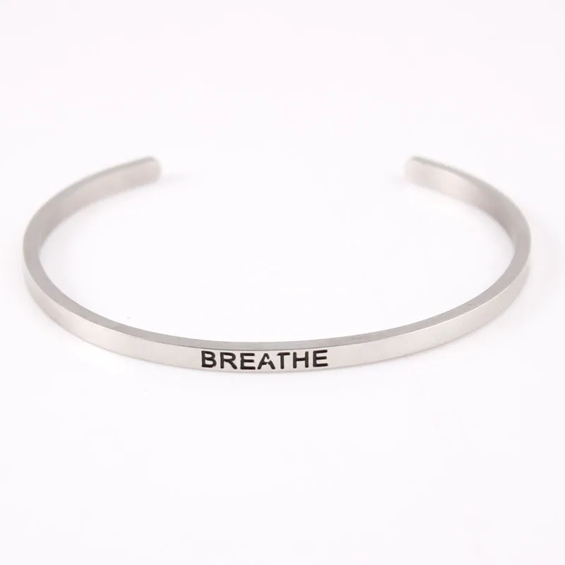 

Stainless Steel Engraved "breathe"Inspirational Quotes Bangle Bar Mantra Love Bracelets For Women Men Cuff Bracelets Bangles