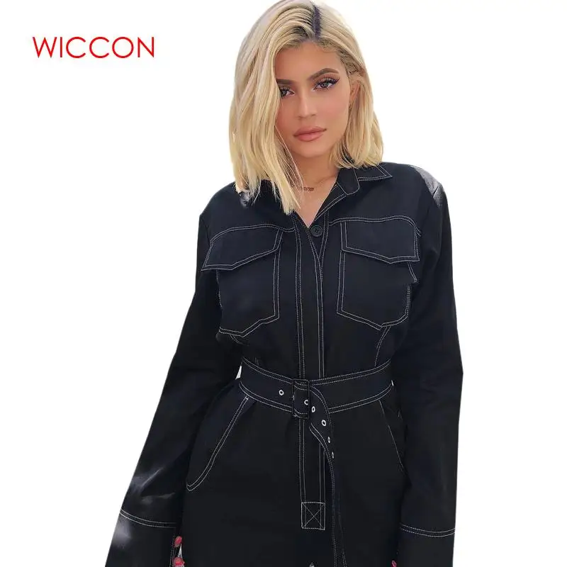 

2019 New Spring Personality Denim Jeans Tight Sashes Siamese Jumpsuit Women Jumpsuit Long Sleeve Rompers