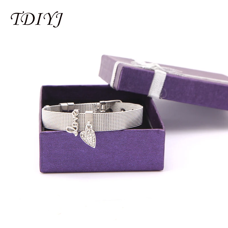 

TDIYJ Gift Box Love Heart Dangle To Mom New Collection Charms DIY Stainless Steel Mesh Silver Bracelet For Mother's Day 1Set