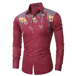 Весна Осень Модные мужские с цветочным принтом однобортный длинный рукав кардиган рубашка, Повседневная приталенная Мужская рубашка