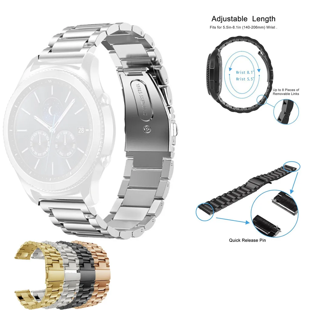 

Adjustable Classic Wristband Bracelet Stainless Steel Metal Replacement Band For Ticwatch Pro 22mm#20