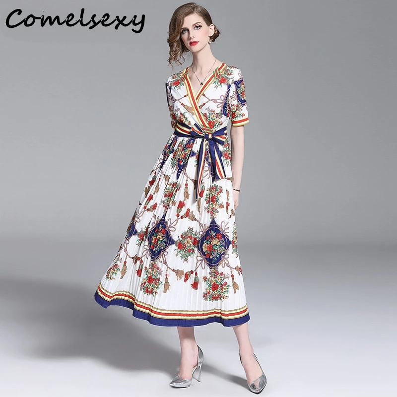 Comelsexy женское платье с коротким рукавом, перекрестным v-образным вырезом, цветочным принтом, полосатым поясом, бантом, винтажное длинное платье в складку, летнее платье для подиума