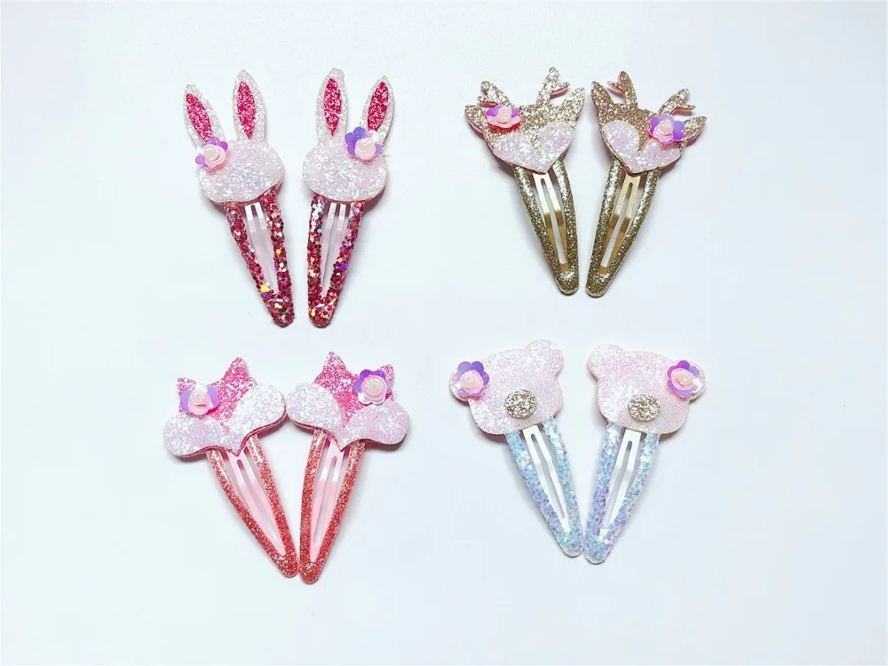 Boutique ins 12Sets Fashion Cute Glitter Deer Rabbit Snap Clips Floral Pig Fox Hairpins Princess Headwear Hair Accessories