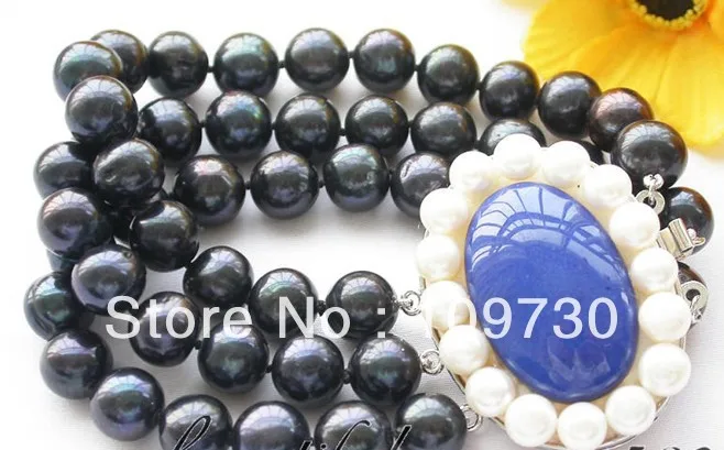 

00610 Stunning 3row 10-11mm black round freshwater pearl bracelet lapis
