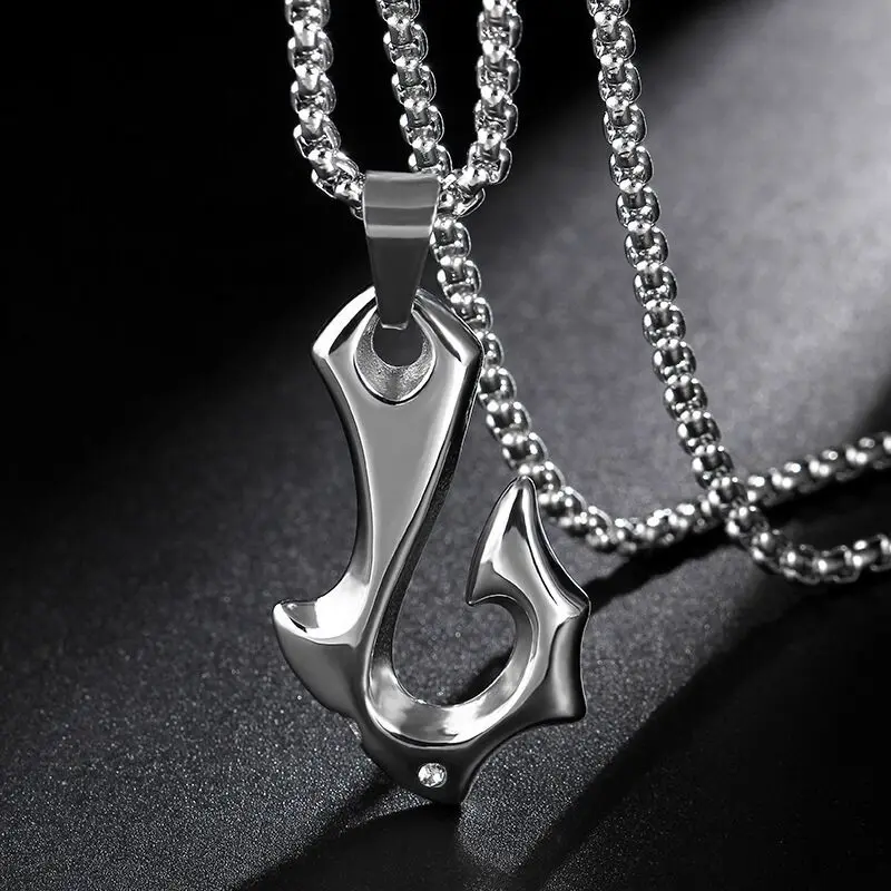 Men Fish Hook Pendant Necklace 316L Stainless Steel, Black