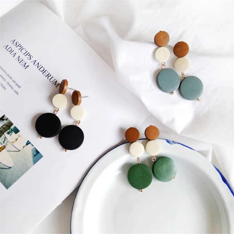 

Geometric Round Wooden Earrings Retro Creative Korean Temperament Simple Female Earrings Trendy Charm Jewelry Accessories Gift