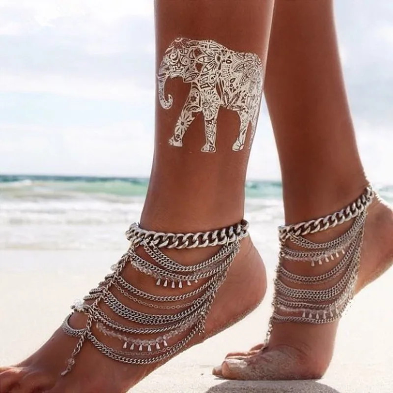 Boho Ethnic Water Drop Beads Barefoot Sandal Anklet Chic Multilayer Tassel Foot Chain Anklet Bracelet Body