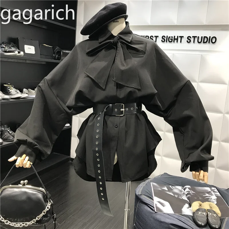 

Gagarich Women Tops 2019 New Tie Bow Collar Loose Lantern Sleeve Belt Thin Medium Long Temperament Plus Size Shirt