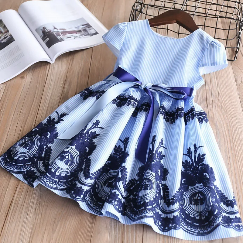 2019 Summer season Blue Stripe Embroidery Costume For Child Ladies Youngsters Cotton Causal Costume Youngsters Garments 2-6Y LT011