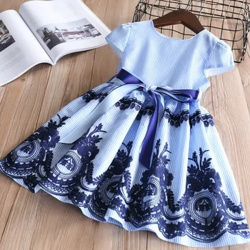 2019 Summer Blue Stripe Embroidery Dress For Baby Girls Children Cotton Causal Dress Kids Clothes 2-6Y LT011 1