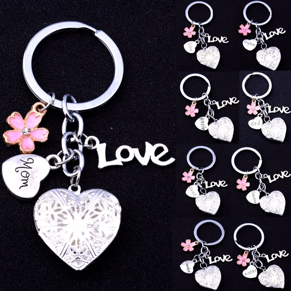 

Flower Locket Love Heart Charm Keychain Family Mom Dad Daughter Son Keyring Grandpa Grandma Sister Brother Key Chains Rings Gift