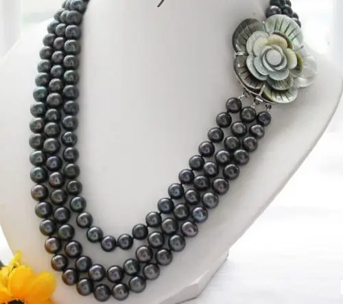 

Jew3116 triple strands natural 8-9mm tahitian black pearl necklace 18-20inch AAA