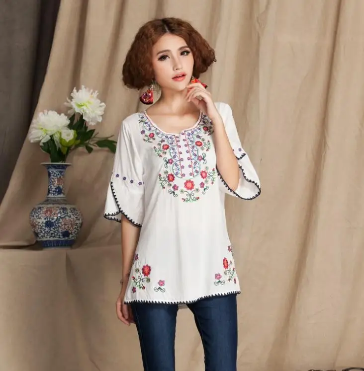 Womens Girls Mexican Embroidered Peasant Tops Mexican Bohemian Vintage