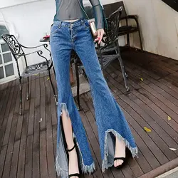 Новинка 2018 года, узкие джинсы с бахромой и разрезом на высокой талии, широкие брюки, Джинсы бойфренда для женщин, джинсы с высокой талией