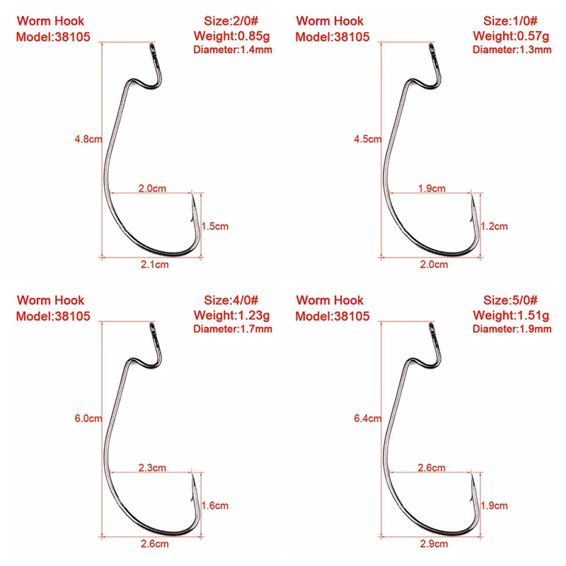50PCS L Fishing Hook 1/0-5/0#  Wide Gap Worm Hook Big Fish Hook Bass Stainless Stee