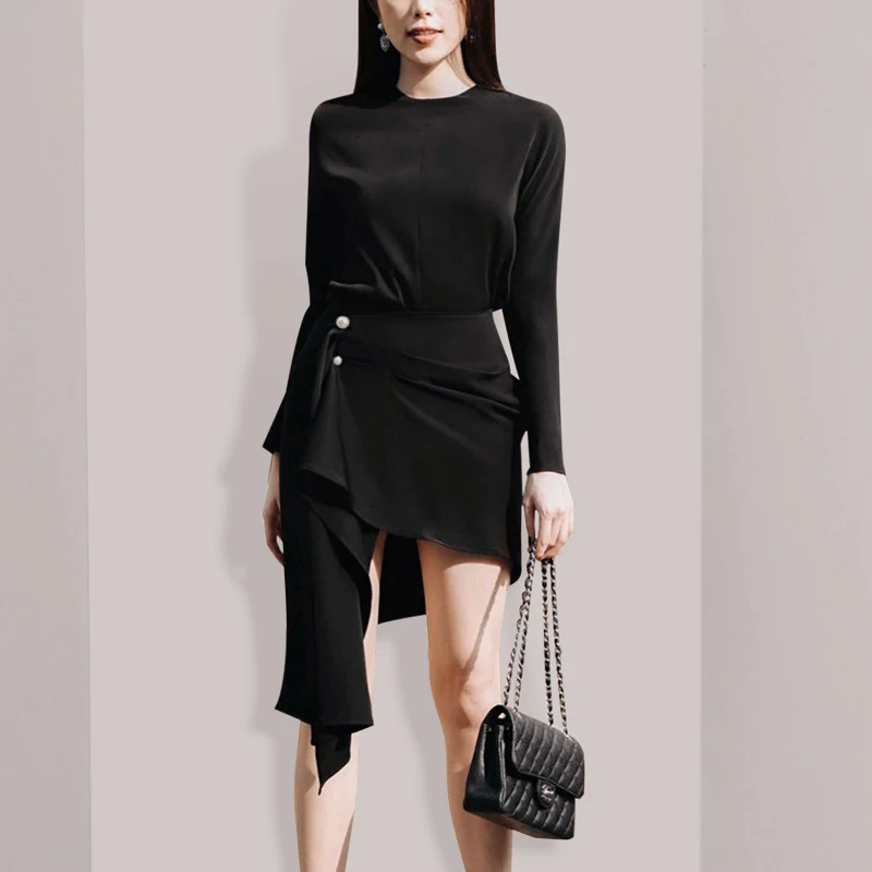 

Spring Autumn Two Piece Set Women O Neck Batwing Sleeve Blouse Tops And Pearl Decoration High Waist Irregular Skirt Sets SL288