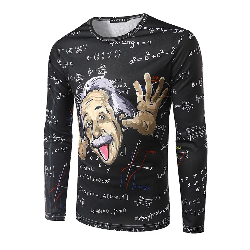 

ZOGAA Fashion men's new Einstein letter digital printing long-sleeved round collar t shirt men Funny Black E=MC2 Tee