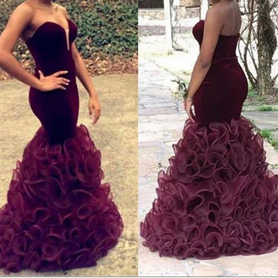 

African Arabic Burgundy Mermaid Prom Dresses 2021 Cheap Long Velvet Pageant Party Wear Sweetheart Ruffle Skirt New Evening