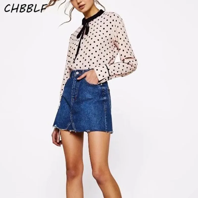 Casual loose long sleeve polka dot print shirt bow tie collar girl