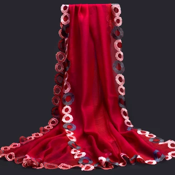 

Natural Real Silk + Wool Scarf Women Red Wedding Shawls Wraps Embroidery Patchwork Luxury Headscarf Pashmina Scarf For Ladies