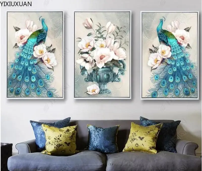 

DIY Diamond Embroidery,Vase triple peacock Full rhinestone 5D Round Diamond painting cross stitch,needlework