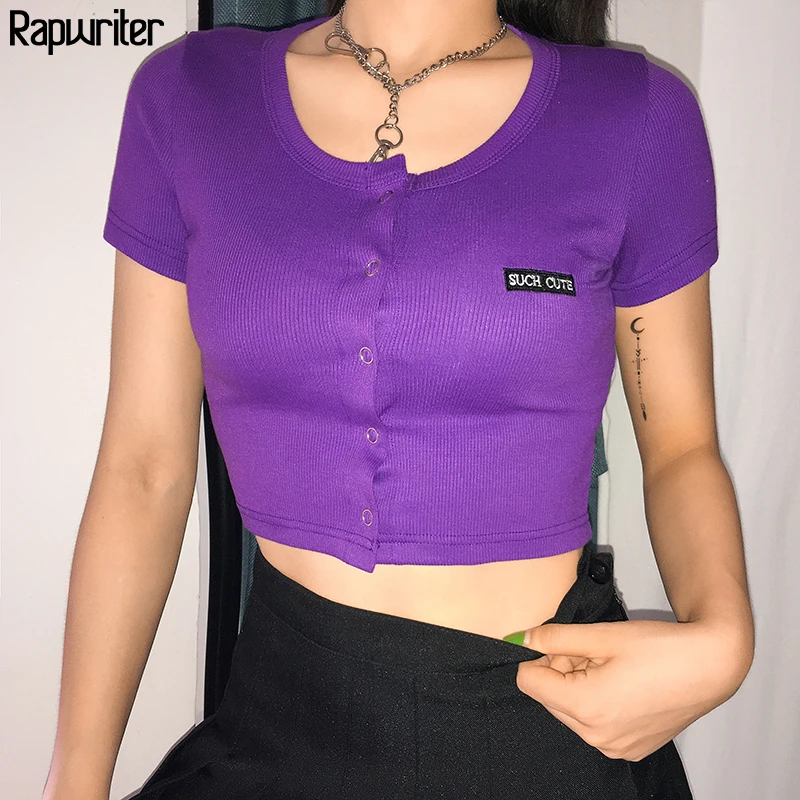 

Rapwriter Casual Single-breasted Letter Ribbed T-Shirt Girl 2019 Summer Streetwear Short Sleeve Stretch Cardigan Top feminina