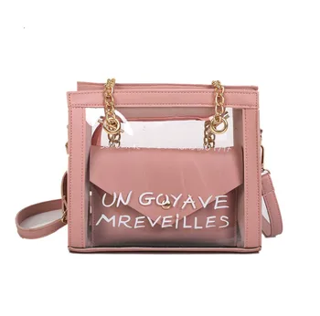 

New Fashion Transparent Bag Women Clear PU Crossbody Bag Flap Girl 2018 Women Jelly Letter Pattern Handbags Letter Printing Bag