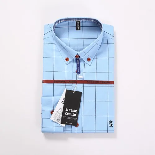 Sergio k Camisa Марка Для мужчин одежда Slim Fit Для мужчин рубашка с длинными рукавами Для мужчин клетчатая хлопковая Повседневное Для мужчин рубашка социальных размера плюс 5xl Dudalina - Цвет: 1-SK1311SKY BLUE