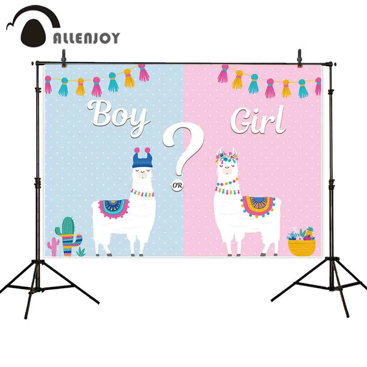 

Allenjoy Gender revealing party photography background baby guess cartoon cactus alpaca knots backdrop photophone photocall